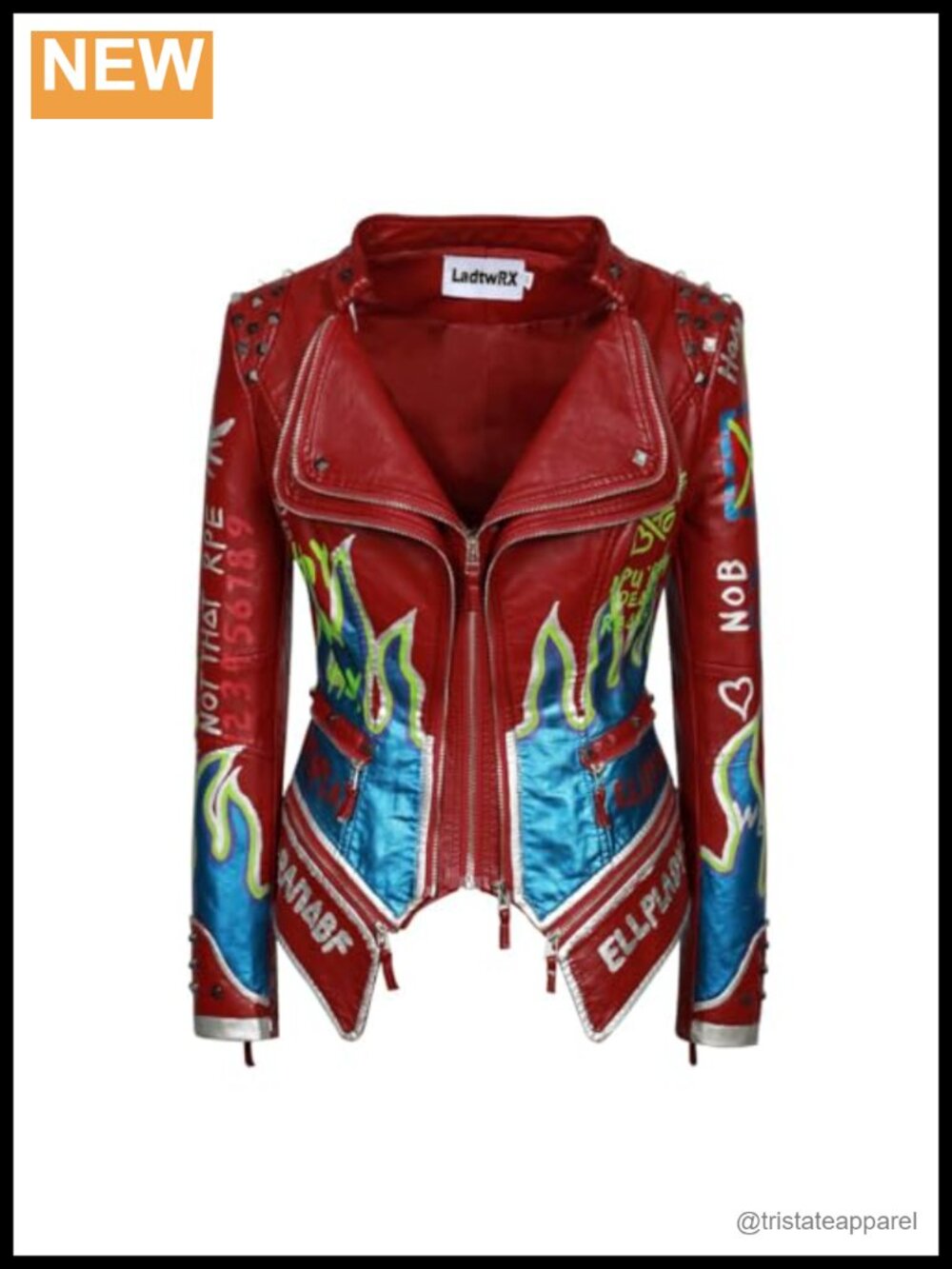 Faux Leather Hand Painted Graffiti Studded Jacket PU Coat